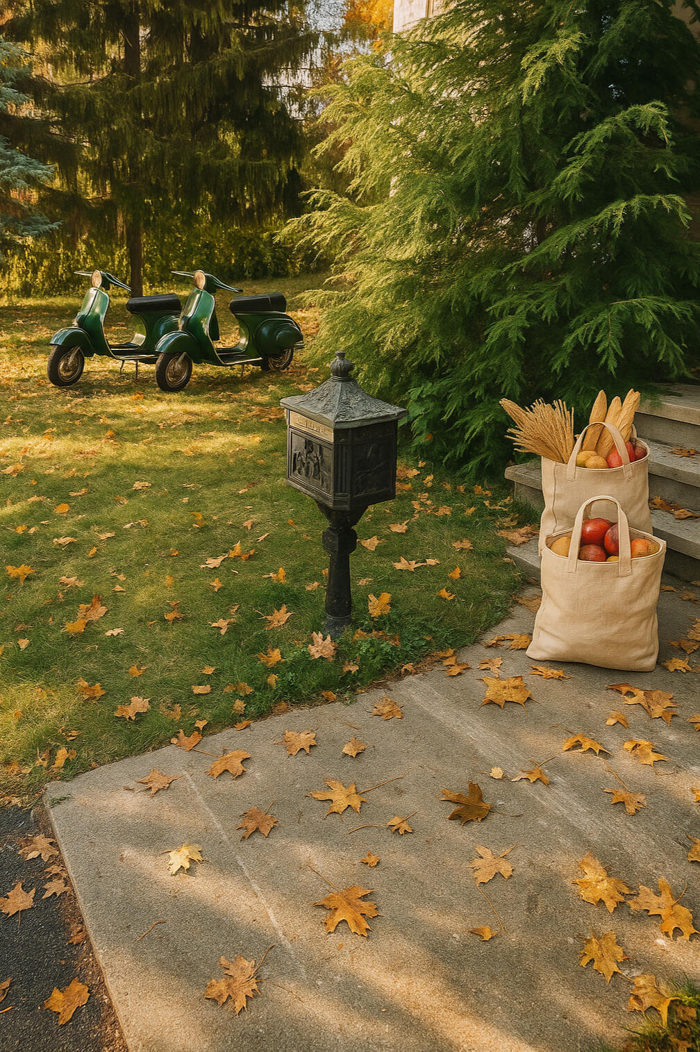 Garden District Napanee Autumn garden scene with vintage green scooters, fallen leaves, and a harvest-inspired canvas bag filled with apples, baguettes, and wheat stalks beside a decorative black mailbox.